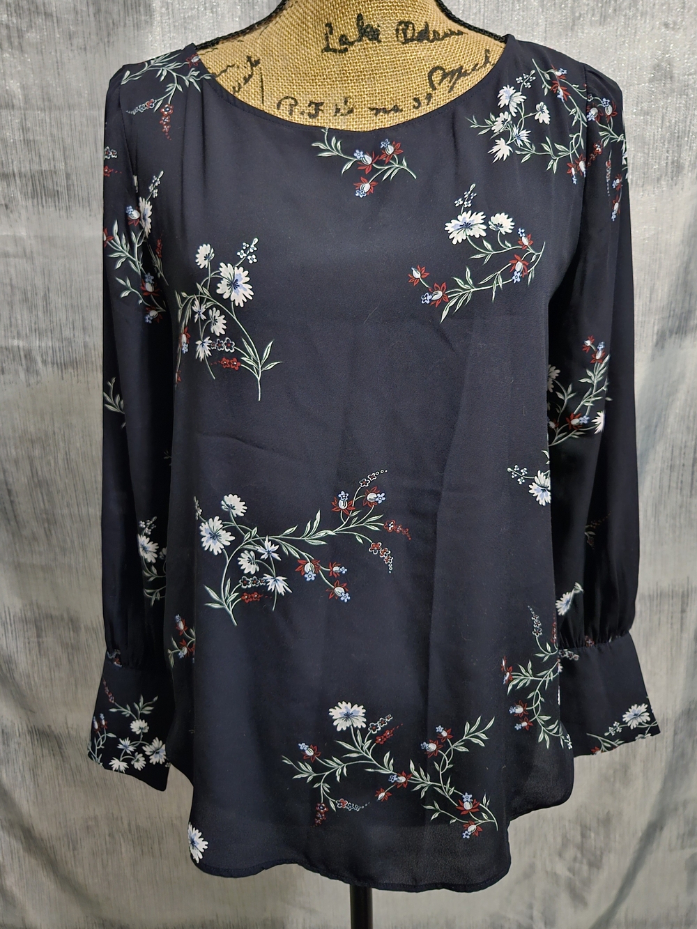 Ann Taylor Navy Floral Long-Sleeve Blouse with Red and White Accents